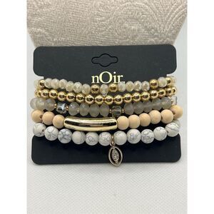 nOir Jewelry Multicolor Beaded Stackable Bracelet Set Stretch Ivory Gold O29